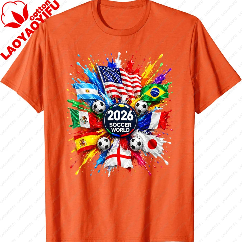 Men’s 2026 Soccer T‑Shirt — World Flag Color Splash Football Print Crew Neck Tee