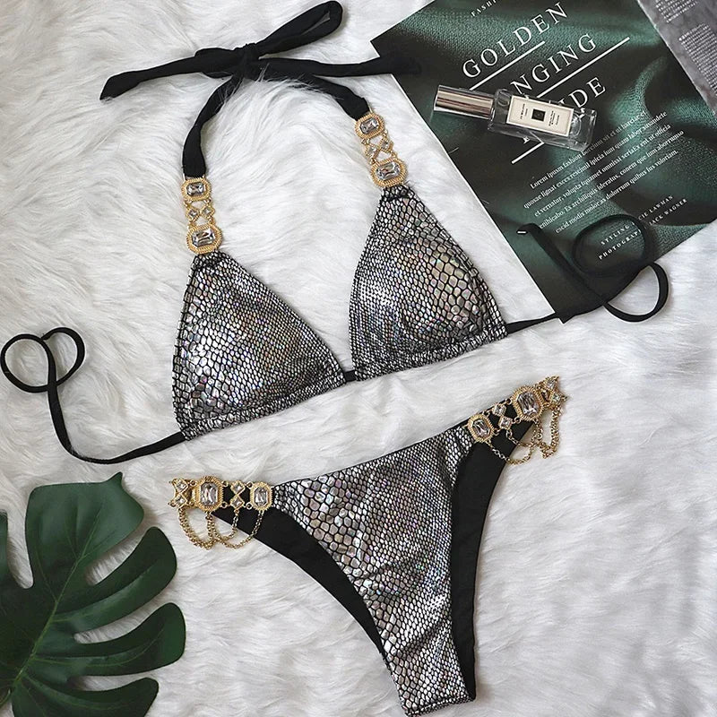 Women’s 2026 Rhinestone Diamond Bikini – Halter Chain Two‑Piece Swimsuit, Sexy Shiny Brazilian Swimwear