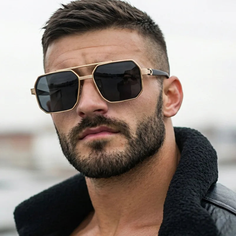 Car Sun Glasses New Fashion Double Beam Polygonal Sunglasses Retro Personalized Trendy Large Frame Eyewear European and American