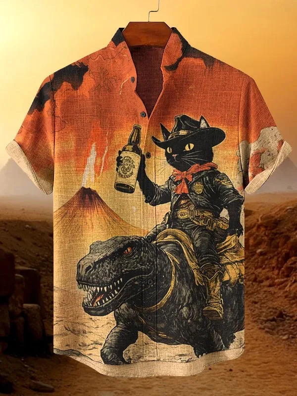 Men's Retro Cat Shirt Funny Calligraphy Dinosaur Volcanic Eruption Print Short Sleeve Holiday Outwear Vintage Japanese Clothing