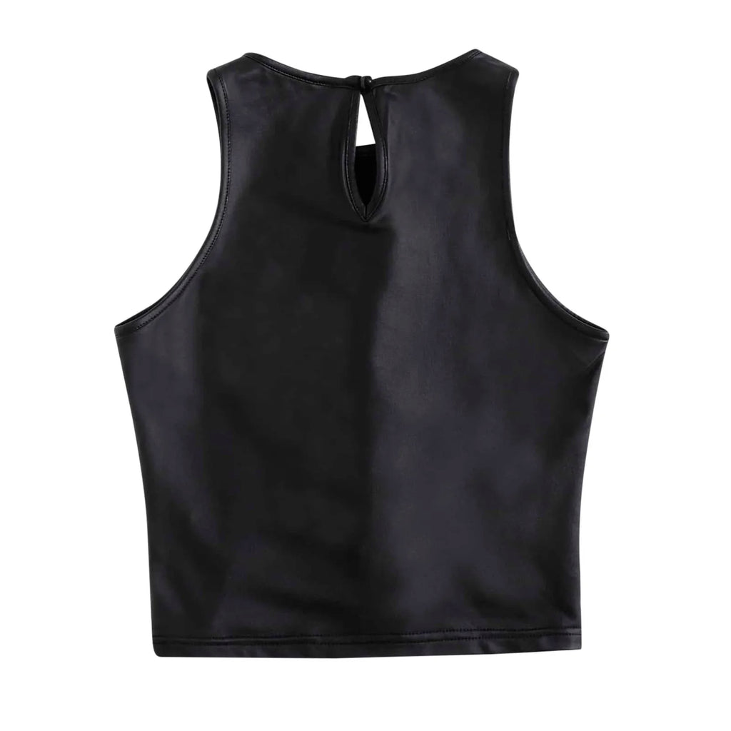 Women's Black Tops Asymmetrical Hollow Out Camisoles PU Leather Bare Midriff Cropped Tops Mujer Slim Fit Streetwear Summer Vest
