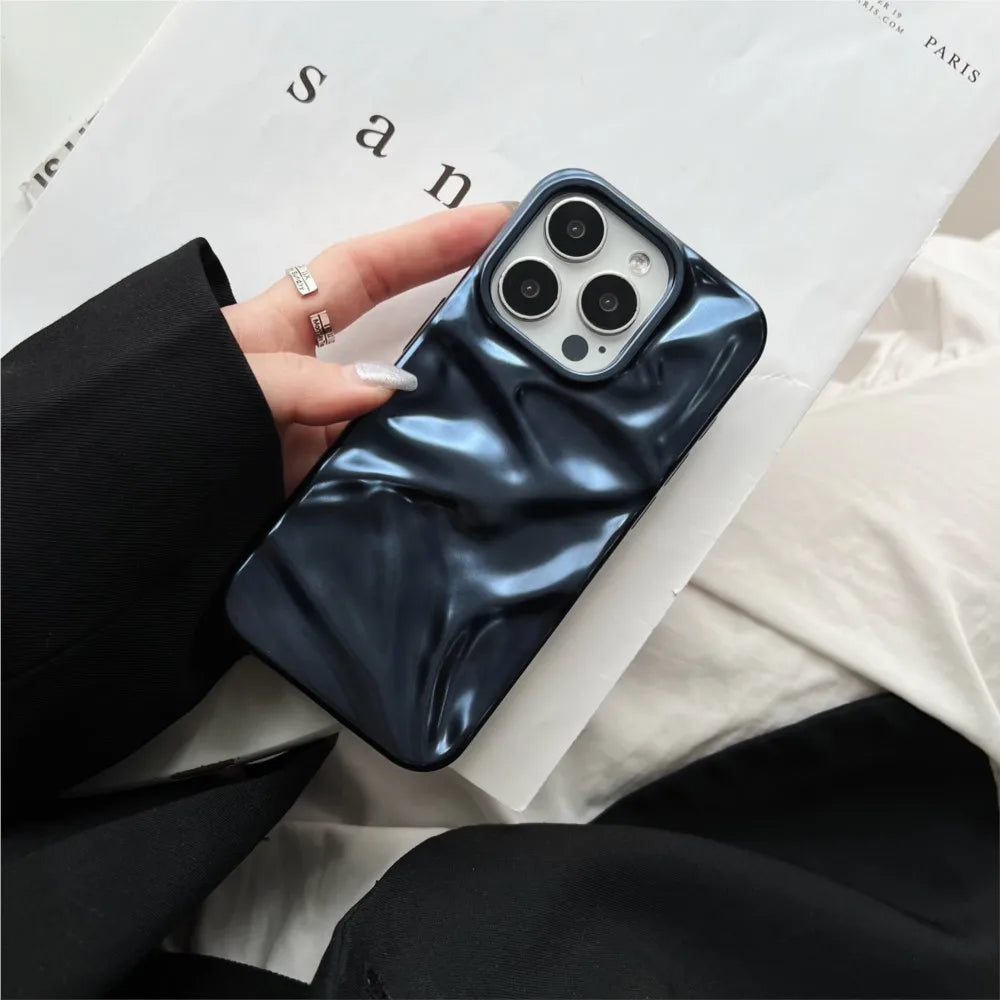 Luxury Matte Silver Water Ripple Phone Case For iPhone 16 15 14 Plus 13 12 Pro Max 11 Creative Frosted Wrinkle Shockproof Cover