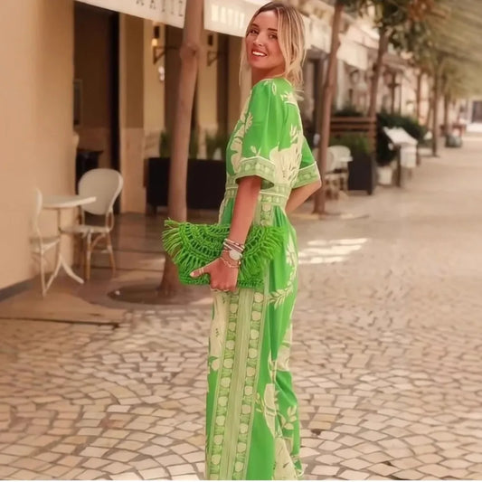 Sexy Deep V-neck Printed Women's Jumpsuit Summer New Style Simple Casual Loose Short-sleeved Elegant Female Office Rompers 2025