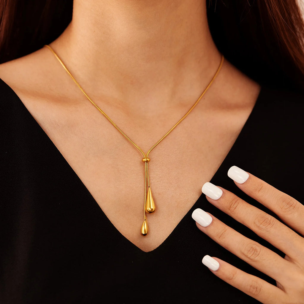 Gold Stainless Steel Water Drop Tassel Necklace – Women’s Fashion Chain