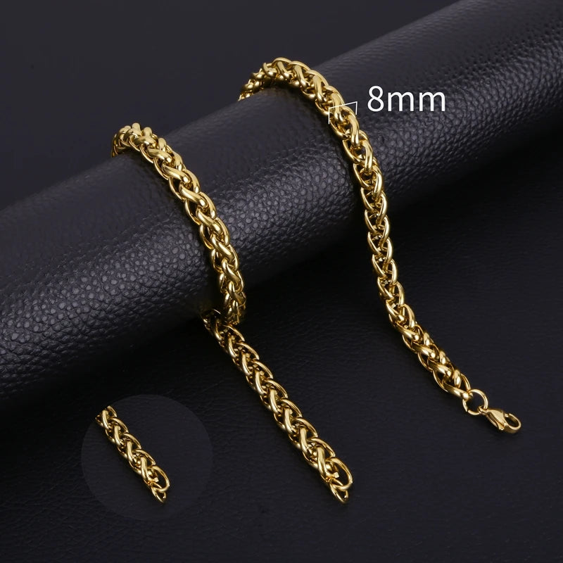 HIYEE Thickness 3/4/5/6/7/8mm Gold Color Wheat Braided Stainless Steel Necklace Link Classic Curb Chain for Men Women Jewelry