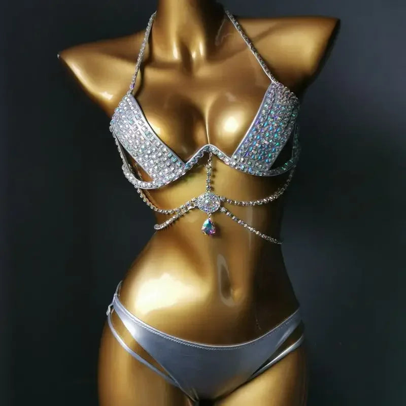 Diamante Bikini Sexy Nightclub Bar DJ Pole Dancing Bikini Sparkly Rhinestones Bra Shorts 2-Piece Set Party Performance Costume