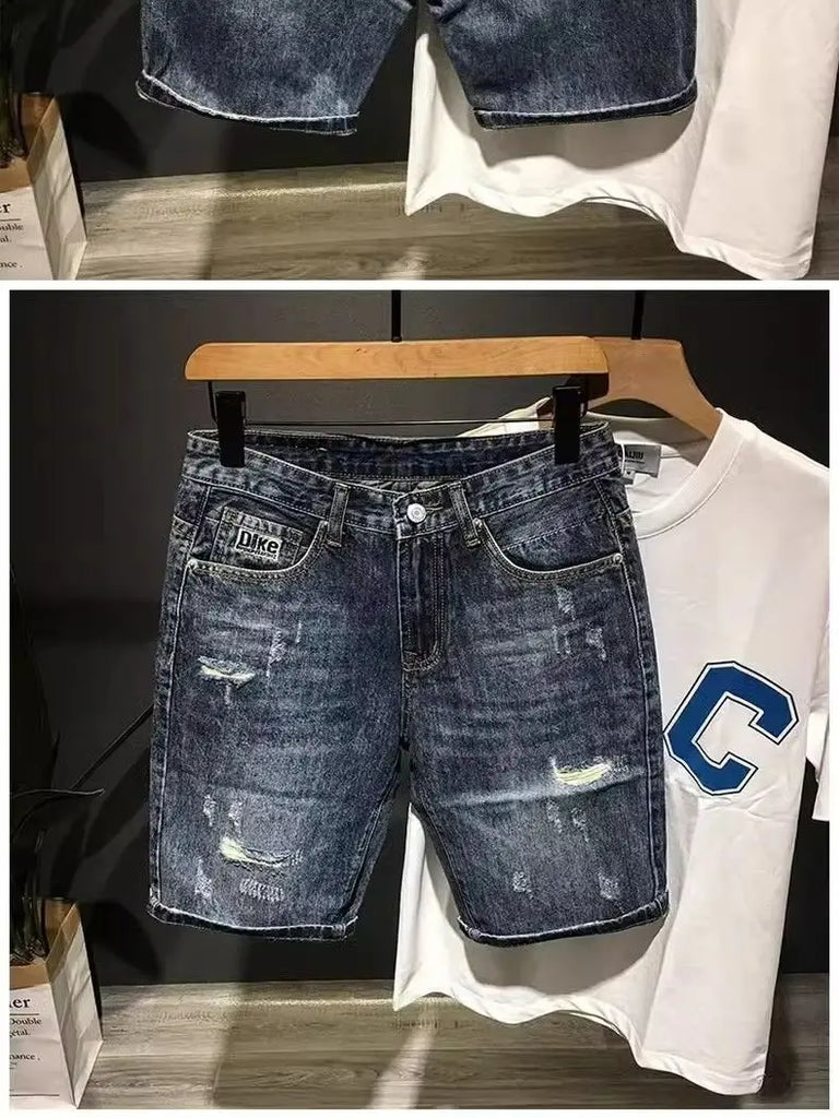 High-end 2025 New Luxury Clothing Trendy Men's Denim Shorts Loose Straight Ripped Hole Distressed Washed Cargo Short Pants