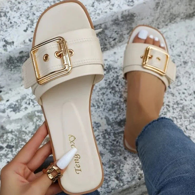Women’s Personality Buckle Slides — Open Toe Wear‑Resistant Flat Slippers Summer Beach Sandals