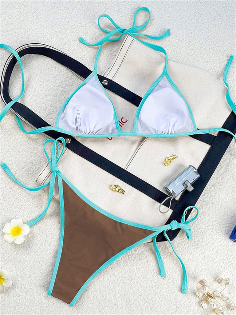 Women’s Vintage Blue Triangle Bikini – Border String Push‑Up Backless Extreme Swimsuit Beach Set