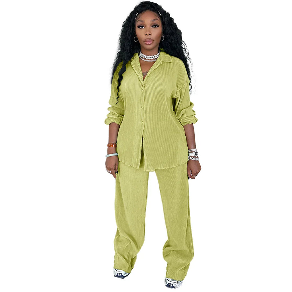 CM.YAYA Street Women's Set Long Sleeve Shirt Tops and Wide Leg Pants Elegant Tracksuit Two Piece Set Sweatsuit Fitness Outfits