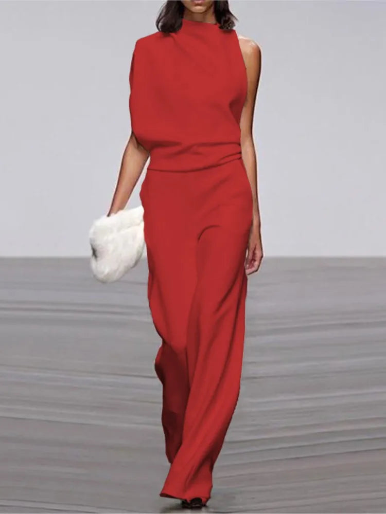Solid Color Irregular Sleeveless Jumpsuits Women Fashion Temperament Sexy Backless Folds Slightly Flared Jumpsuit Female 2025