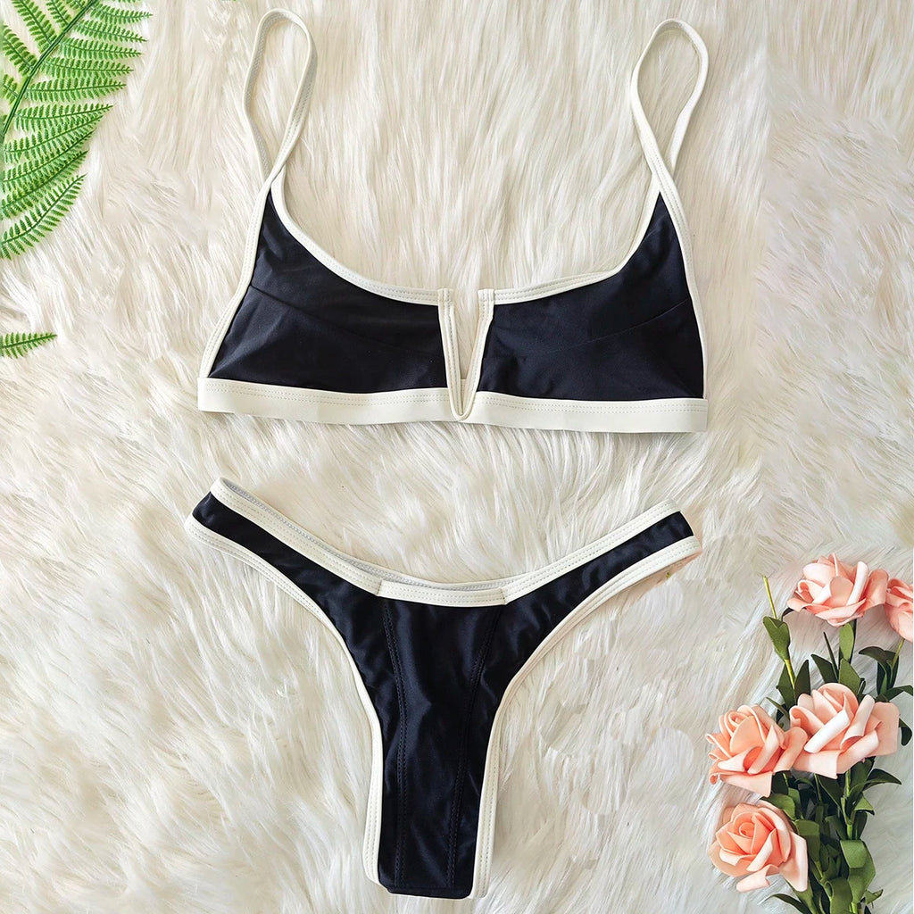 Vintage Retro Bikini Patchwork Swimsuit Thong Brazilian Sexy Swimwear Female 2024 New Summer Micro V-bar Green Bathing Suits