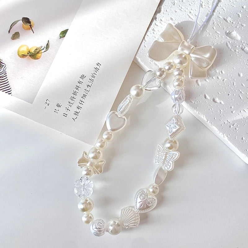 Korean Cute Sweet Butterfly Heart Bow Beaded Phone Chain Charm Lanyard For iPhone Samsung Universal Accessories Jewelry Pendant