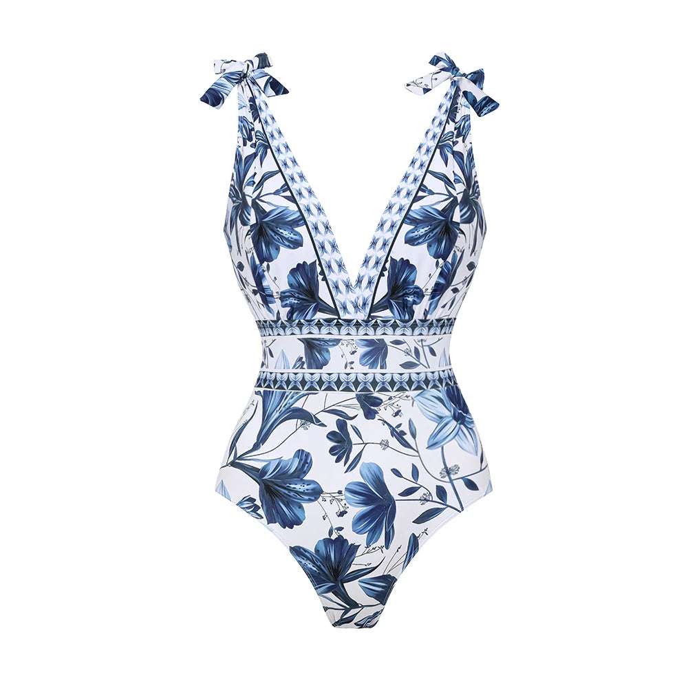 FLAXMAKER Lace‑Up V‑Neck Ruffle Monokini & Sarong