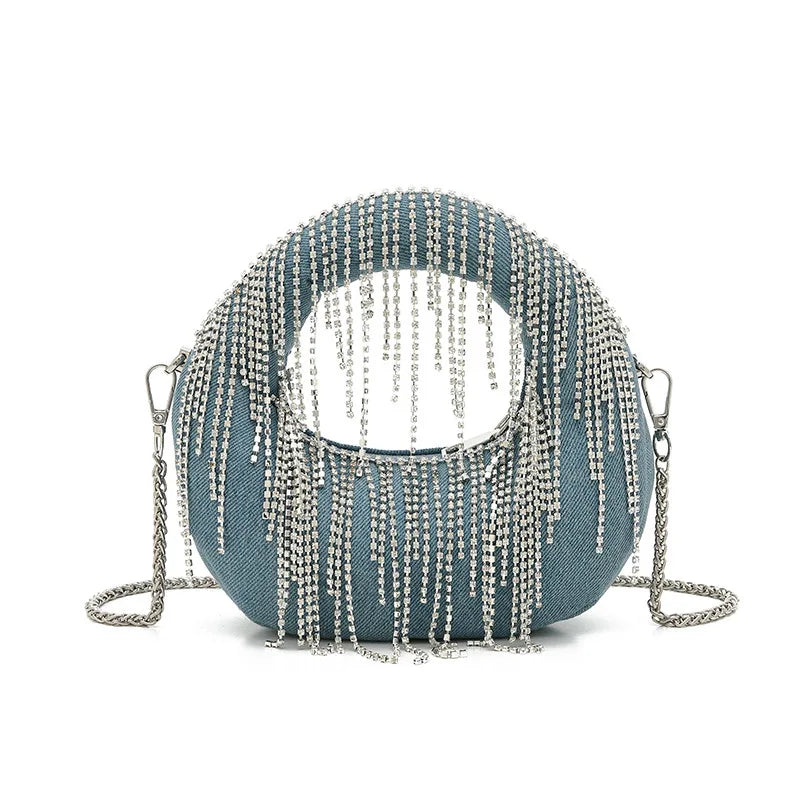 Half Moon Evening Clutch Party Bags For Women Luxury Designer Denim Tassel Rhinestone Handbag Shiny Sequins Chain Shoulder Purse