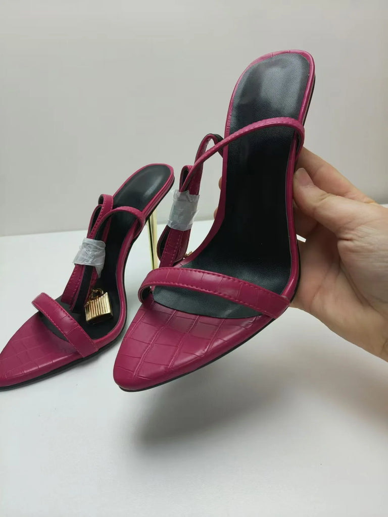 2025 New Sexy Gold Padlock High Heels One Word Buckle Open Toe Thin Heels Leather Shoes Ankle Strap Gladiator Sandal 44