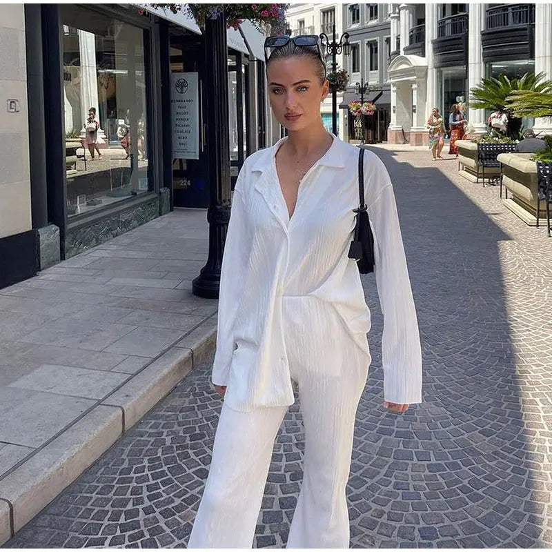 CM.YAYA Street Women's Set Long Sleeve Shirt Tops and Wide Leg Pants Elegant Tracksuit Two Piece Set Sweatsuit Fitness Outfits