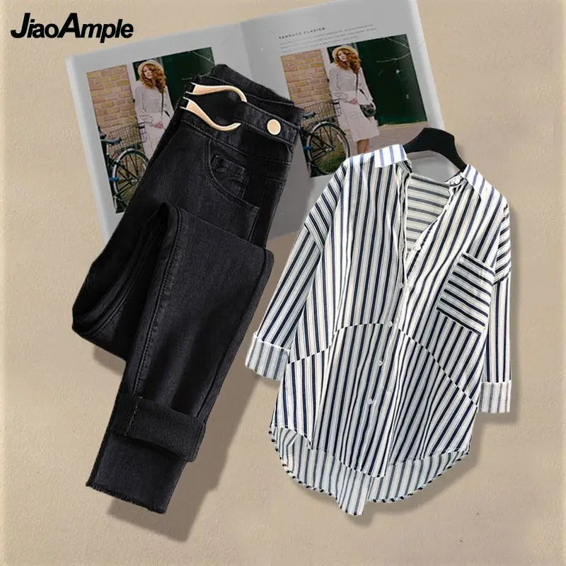 Women Spring/Summer New Matching Set 2025 Korean Elegant Striped Shirt Top+Jeans Two Piece Female Loose Blouse Denim Pants Suit