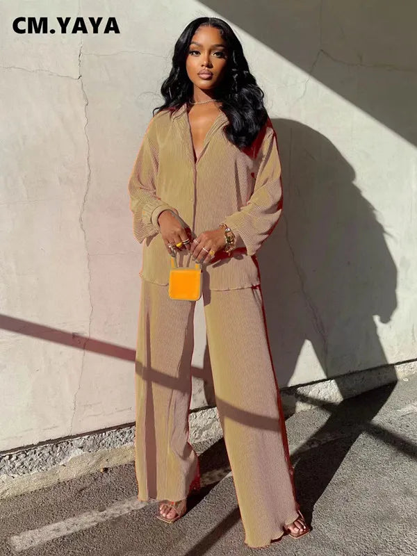 CM.YAYA Street Women's Set Long Sleeve Shirt Tops and Wide Leg Pants Elegant Tracksuit Two Piece Set Sweatsuit Fitness Outfits