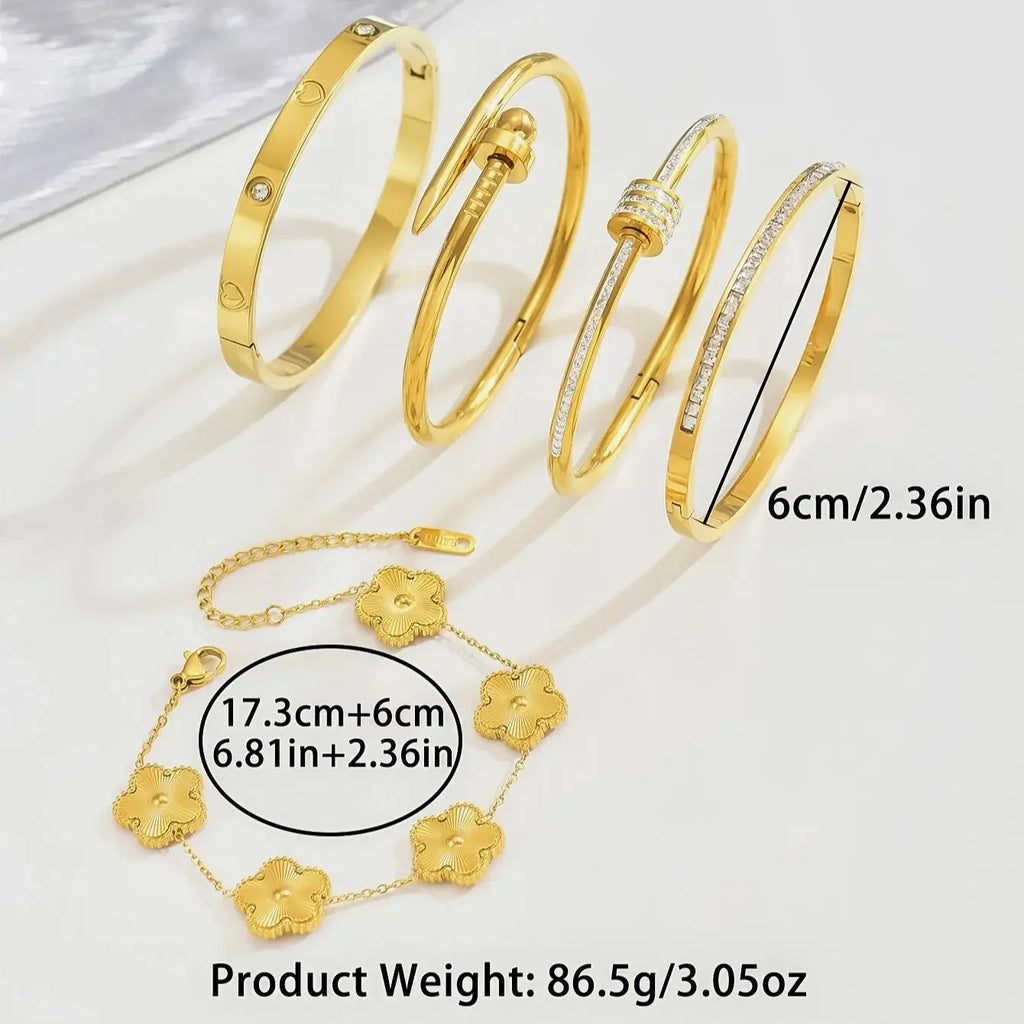 Waterproof Stainless Steel Bangle Lucky Clover Women's Gold Plated Bracelets with Flowers Design Luxury Jewelry Gift