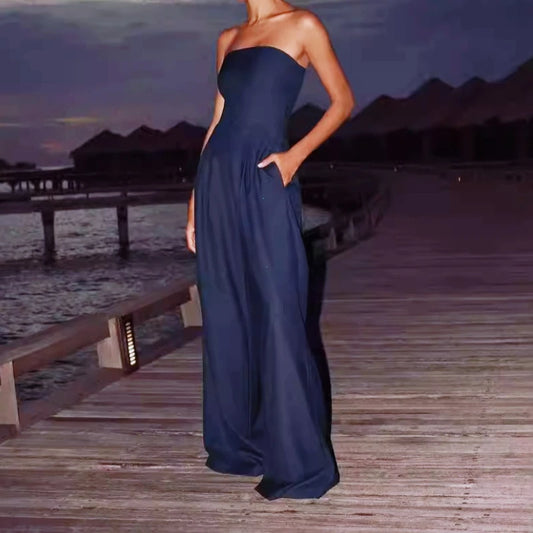 Solid Backless Women's Jumpsuit Solid Off Shoulder Waist Cinching Pockets Wide Leg Pants Lady Bodysuit Summer Female Outwears
