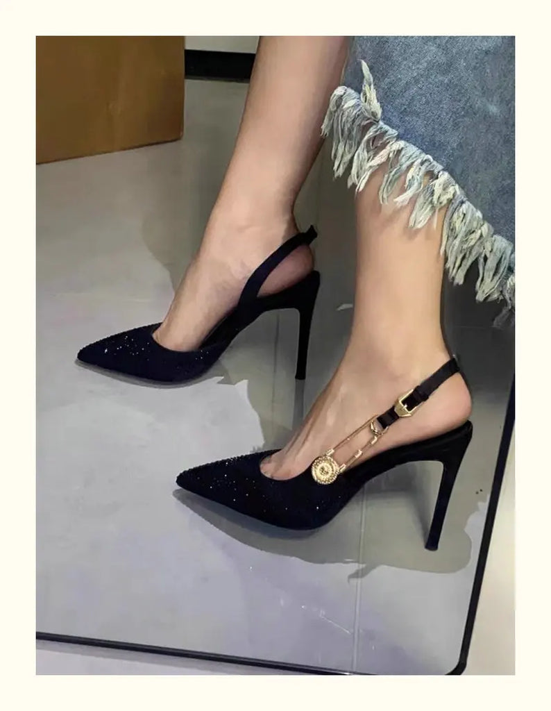 Bling Diamond High Heels Women 2025 Spring Pumps New Pointy Head After Empty Sexy Metal Girl Temperament Baotou French Sandals