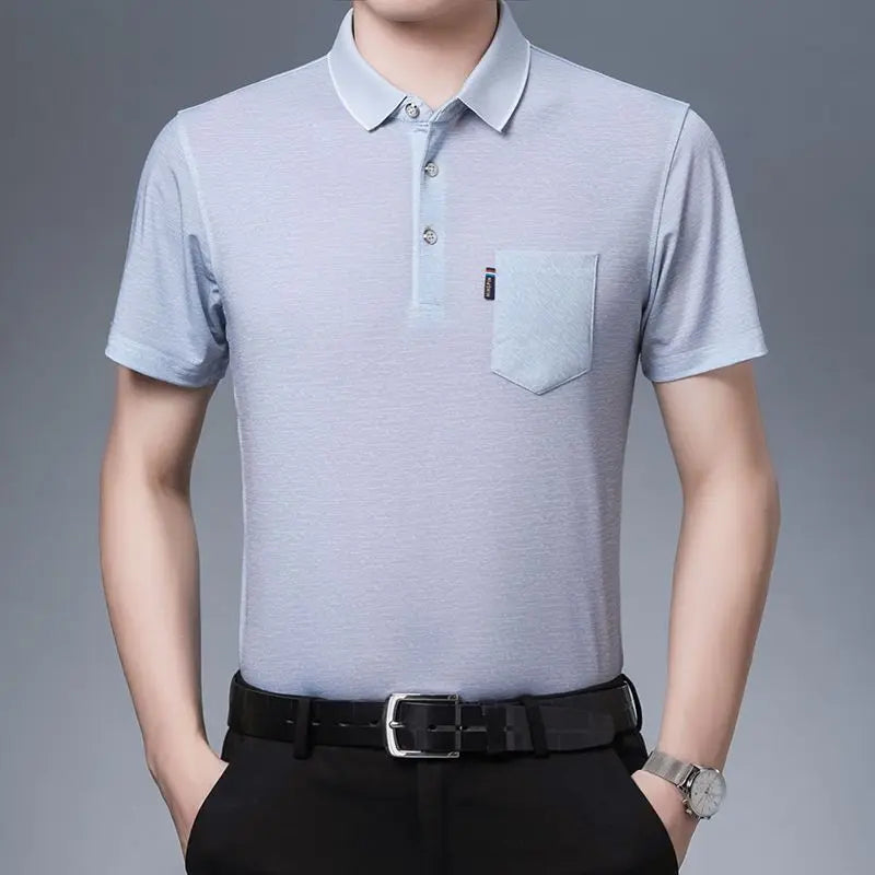 New Summer Men's Short Sleeved T-shirt Ice Silk Middle Aged Lapel Polo Shirt