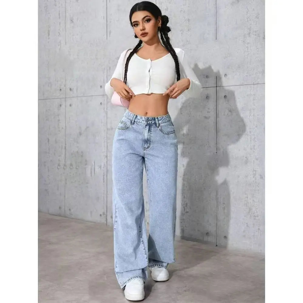 Trendy Washed High-Waisted Straight-Leg Jeans Women with Large Front & Back Pockets for Daily Casual Versatile Lady Jeans ‌