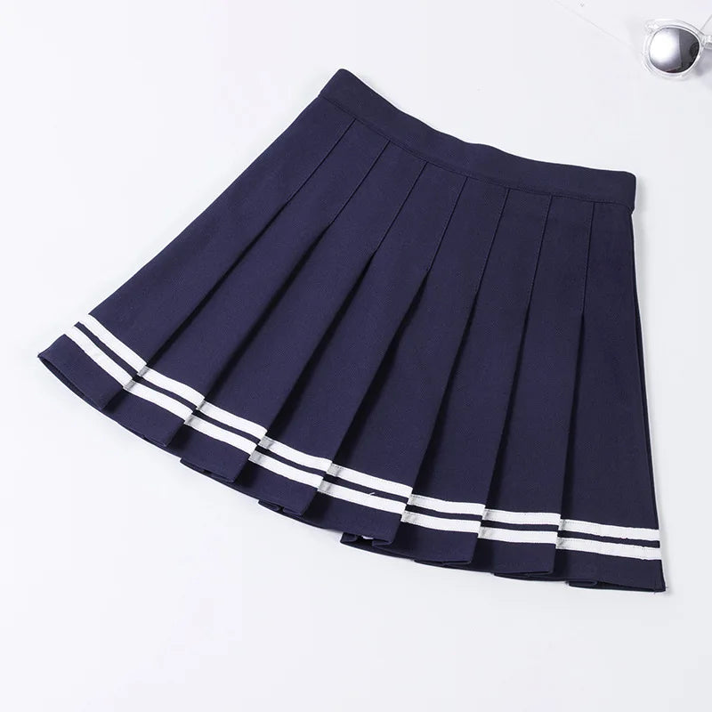High‑Waist Elastic Patchwork Striped Pleated Mini Skirt