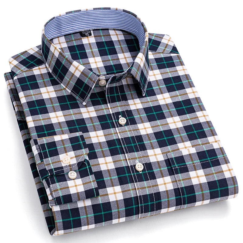 2024 New Quality Men's Social Shirt Long Sleeve 100% Pure Cotton Oxford Soft Plaid Formal Male Clothes Oversized Shirt S-7XL