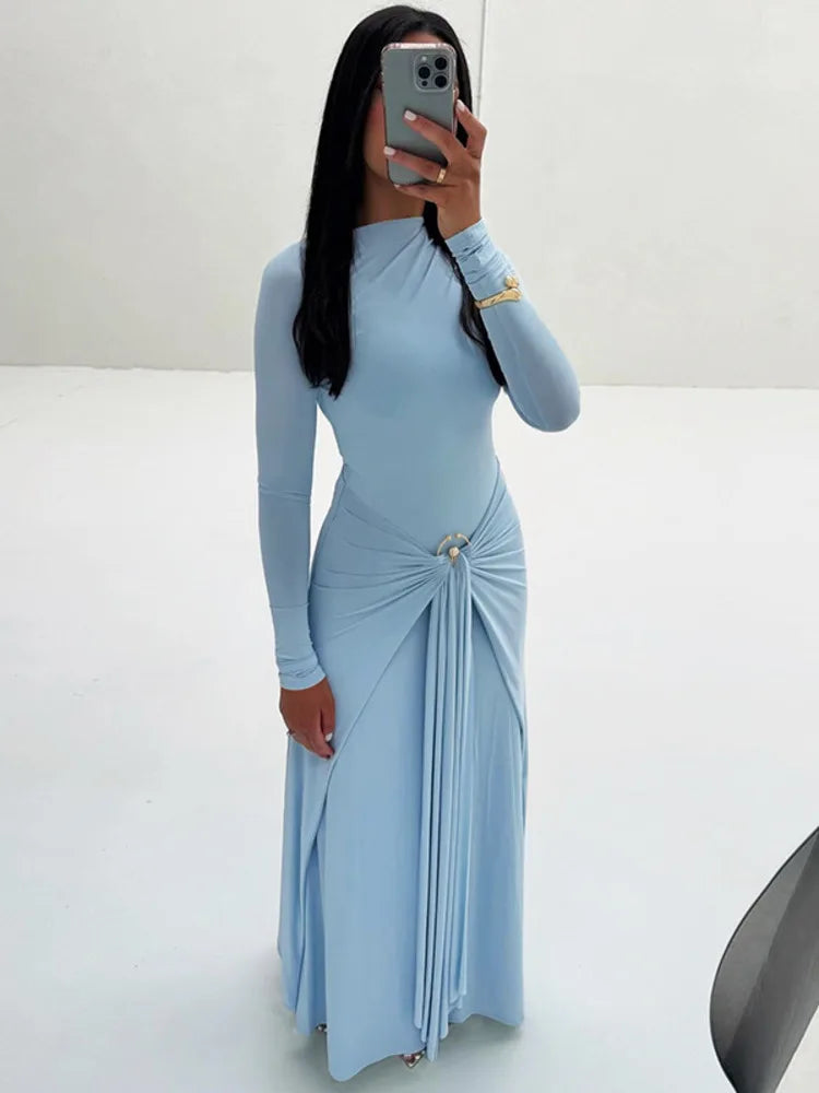 Mozision Elegant Long Sleeve Ruched Sexy Maxi Dress Women Gown Autumn Fashion Draped Bodycon Long Dresses Female Clothing