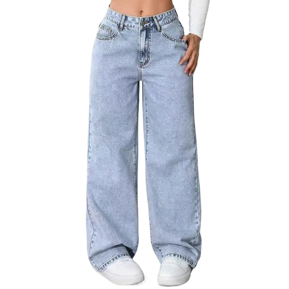 Trendy Washed High-Waisted Straight-Leg Jeans Women with Large Front & Back Pockets for Daily Casual Versatile Lady Jeans ‌