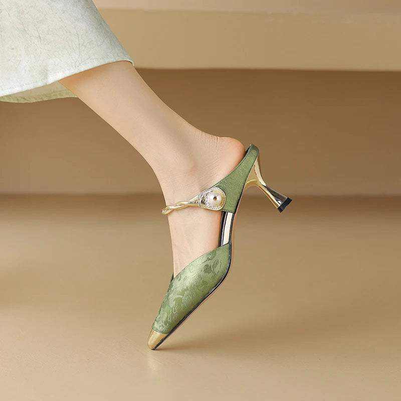 Pointed Toe Pearl Slingback Sandals