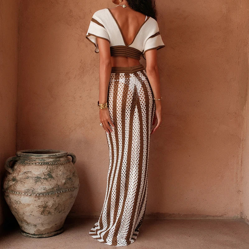 Women’s Brown & White Stripe Knit Cover‑Up Set – Tie‑Up Top + Long Sheer Skirt Beach Vacation Outfit