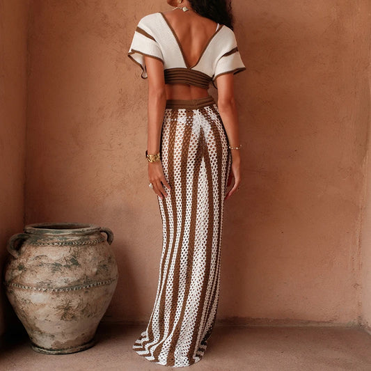 Women’s Brown & White Stripe Knit Cover‑Up Set – Tie‑Up Top + Long Sheer Skirt Beach Vacation Outfit