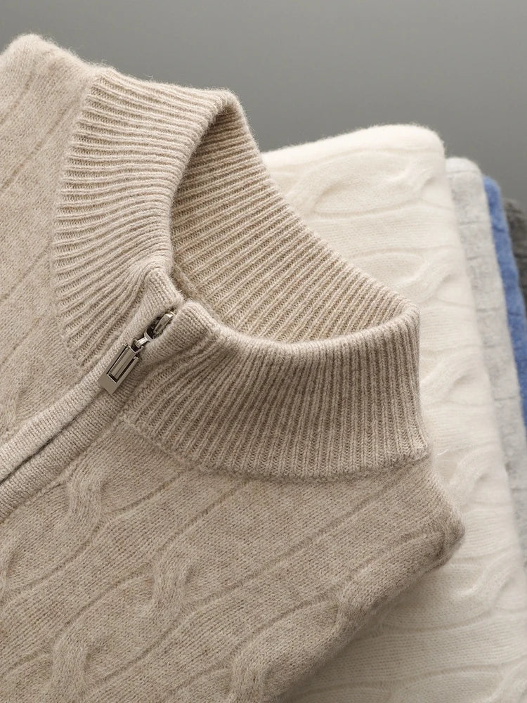 Autumn Winter Men Half Zippers 100% Merino Wool Sweater Thicken Twist Flower Pullover Retro Casual Cashmere Knitwear Solid Tops