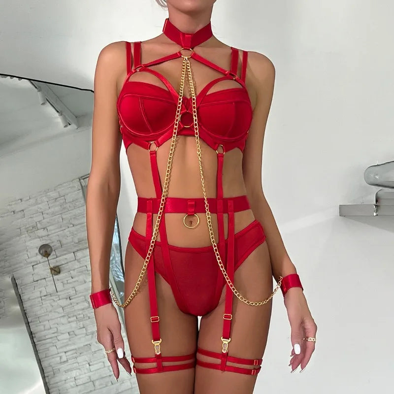 Toucheart Sexy Lingerie Seductive Sexy Role-Playing Chain Four-Piece Set Transparent Underwear For Women Sexy Bra Underwear Set