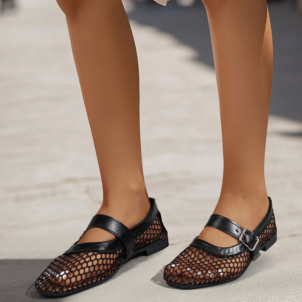 2025 Women’s Round Toe Flat Shoes — Breathable Hollow Ballet Mary Jane Sandals Casual Designer Style