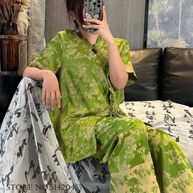 New Chinese Style Pajamas Women Jacquard Flower Sleepwear Short Sleeve Trouser Suits Spring Summer Silk Satin Nightwear Homewear