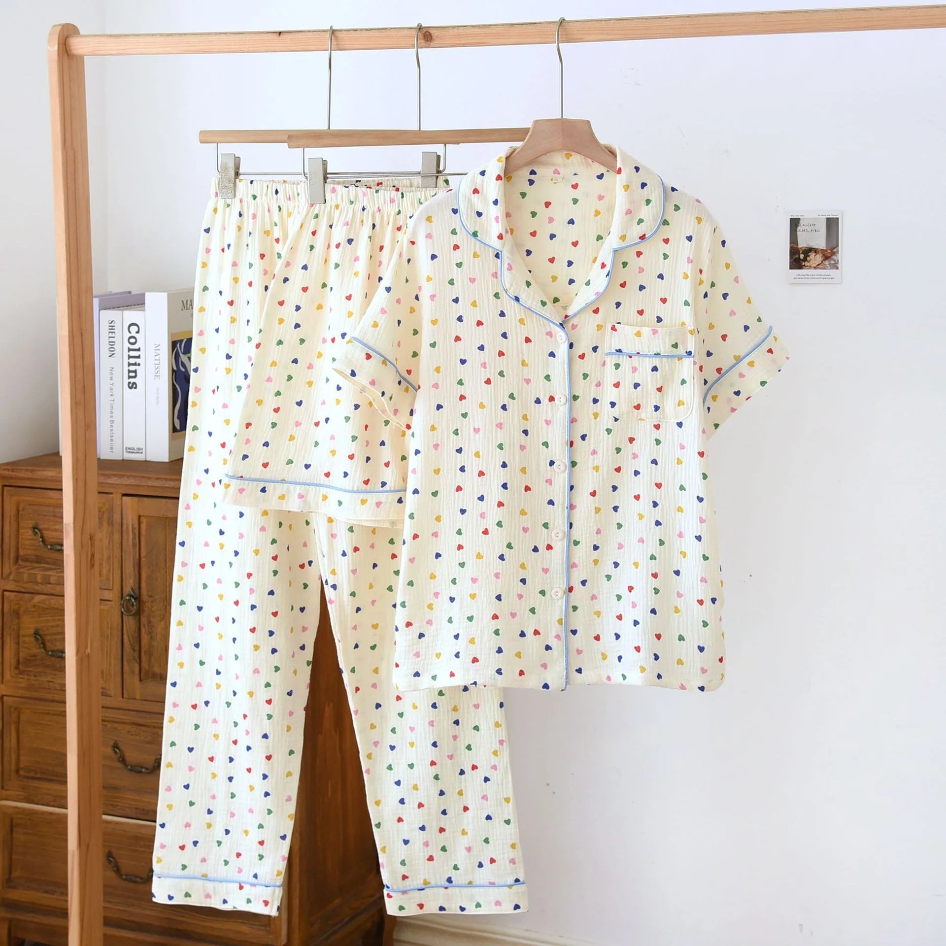2024 Japanese Spring/Summer New Women's Pajama Set 100% Cotton Crepe Long Sleeve Colorful Hearts Thin Home Cute Pajamas Ladies