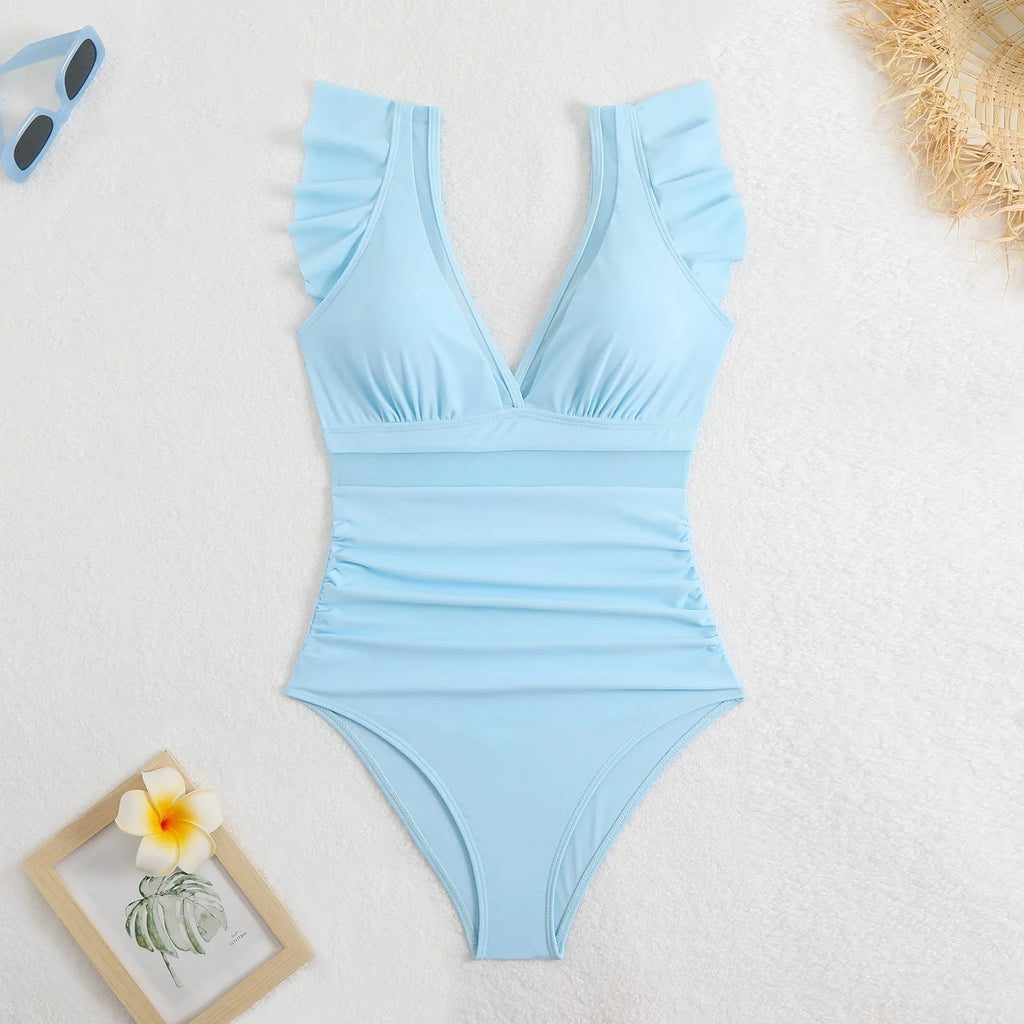 Nylon Swimsuit Women'S Swimsuits Slimming Ruffle Bathing Suit V Neck Swimwear Off Shoulder Lace Up Bikini