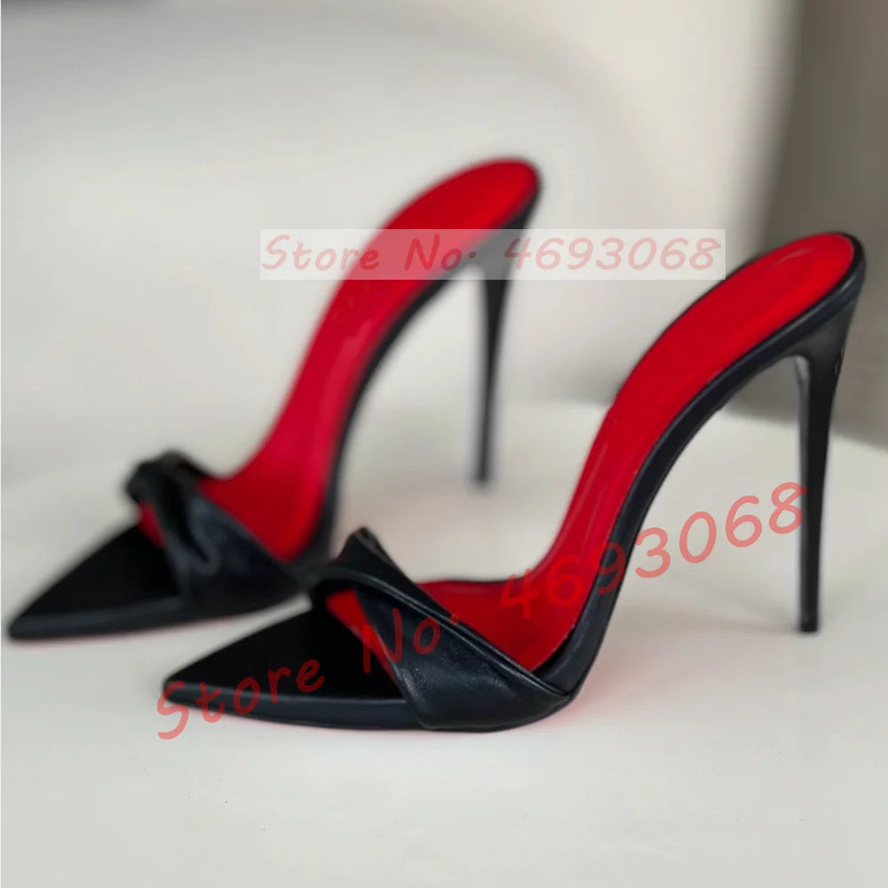 Black Twist Strap Stiletto Mules Women Sexy Red Insole High Heels Ponted Toe Slippers Ladies Stylish Outside Catwalk Party Shoes
