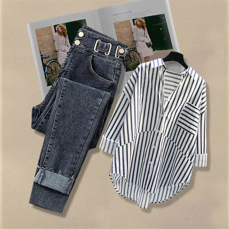 Women Spring/Summer New Matching Set 2025 Korean Elegant Striped Shirt Top+Jeans Two Piece Female Loose Blouse Denim Pants Suit
