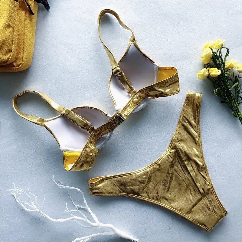 Metallic Push‑Up Thong Bikini