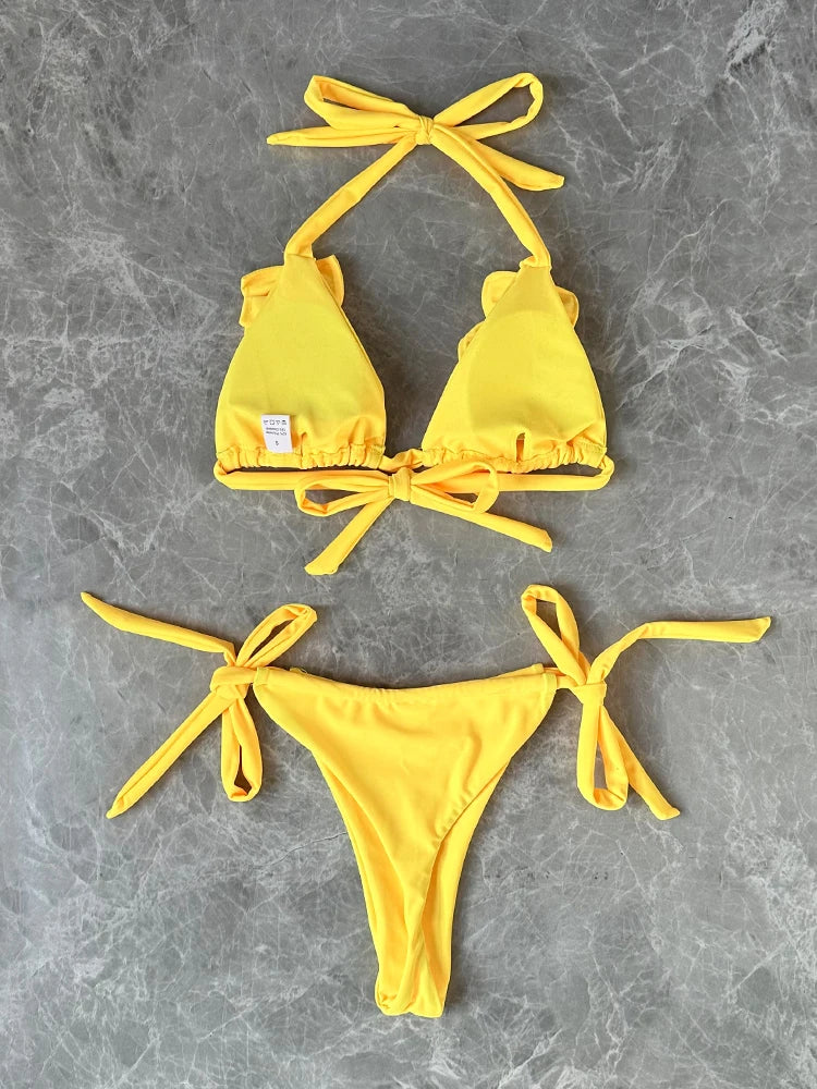 2024 New Sexy Low Waisted Bikini Set Swimsuit Swimwear Women Strappy Ruffle Solid Halter Beachwear Bathing Suits Women's biquini