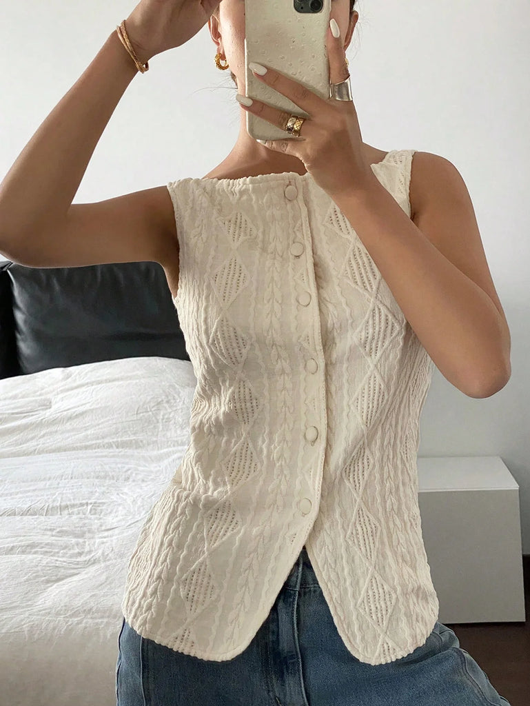 Women’s Sleeveless Geometric‑Texture Single‑Breasted Shirt – Casual Summer Minimalist Top