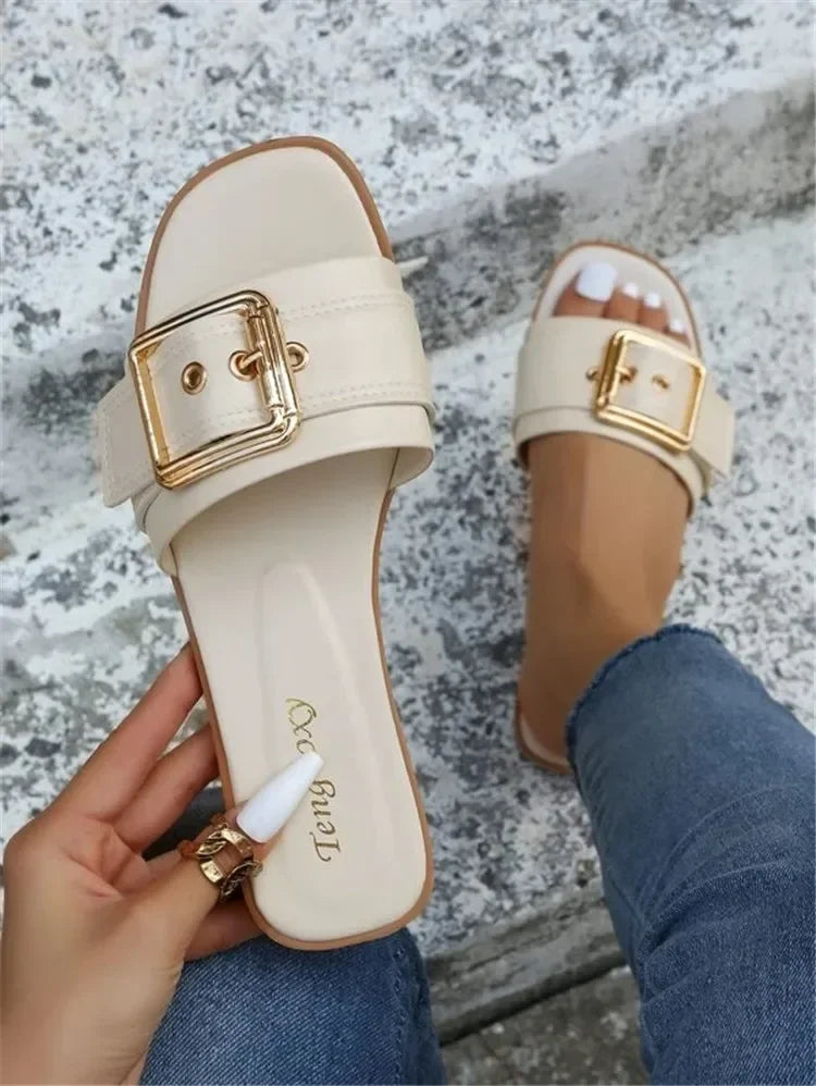 Women’s Personality Buckle Slides — Open Toe Wear‑Resistant Flat Slippers Summer Beach Sandals