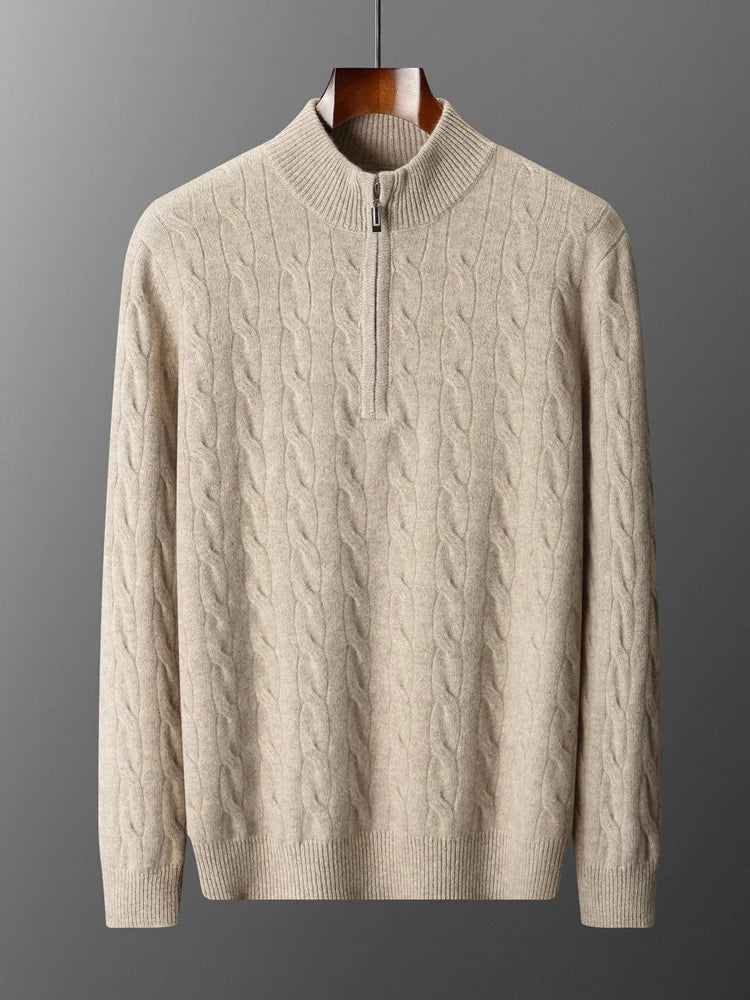 Autumn Winter Men Half Zippers 100% Merino Wool Sweater Thicken Twist Flower Pullover Retro Casual Cashmere Knitwear Solid Tops