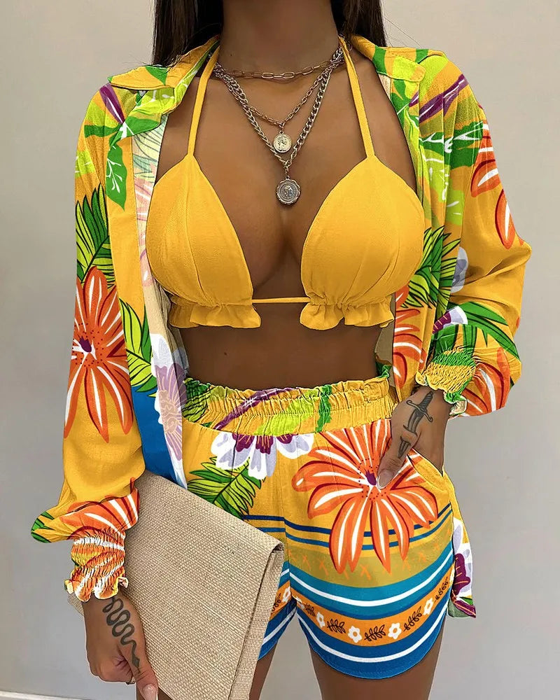 Women’s 2024 High‑Waist 3‑Piece Bikini Set – Printed Swimsuit with Shorts Cover‑Up Summer Beachwear