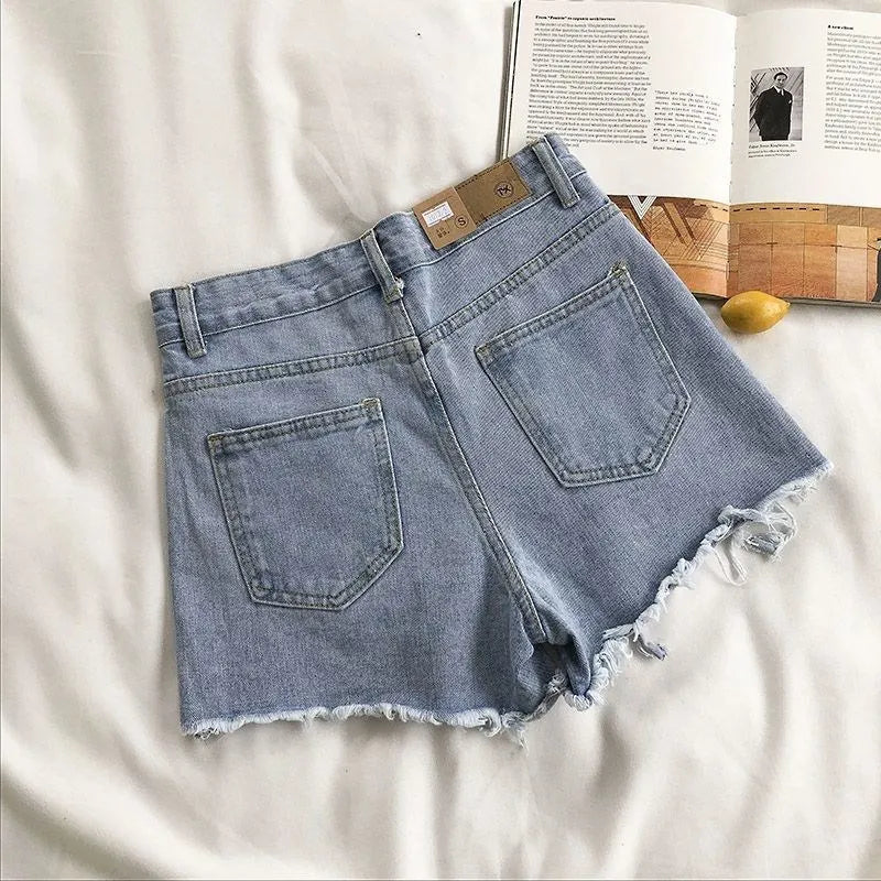 Women’s Korean High‑Waist Ripped Denim Shorts – Y2K Tassel Hot Pants Summer Streetwear (Blue)